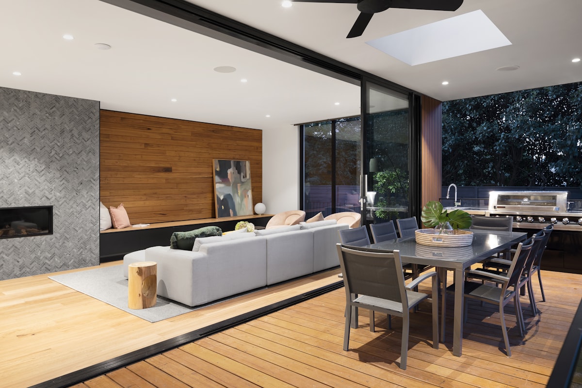 Layered garden approach with a modern residential facade