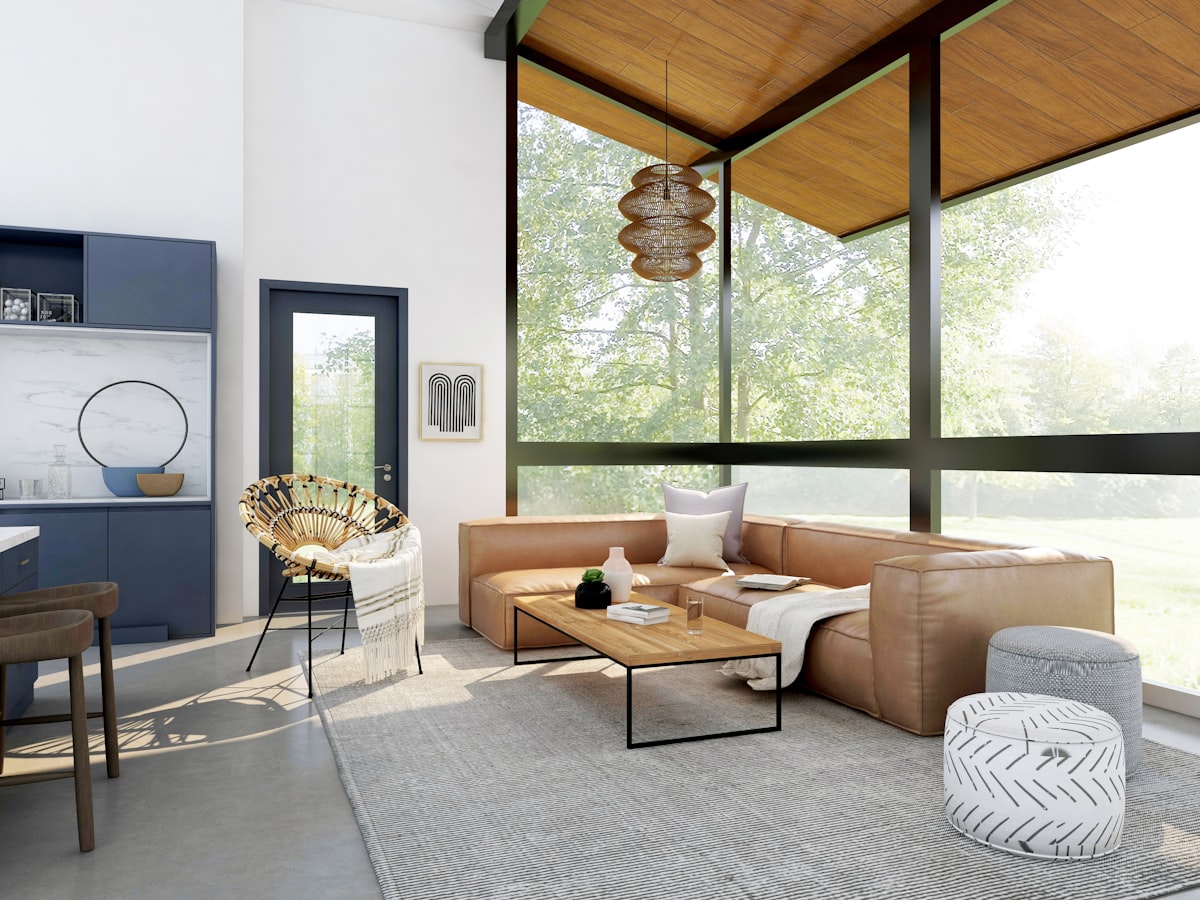 Sunlit living space with warm materials and calm proportions